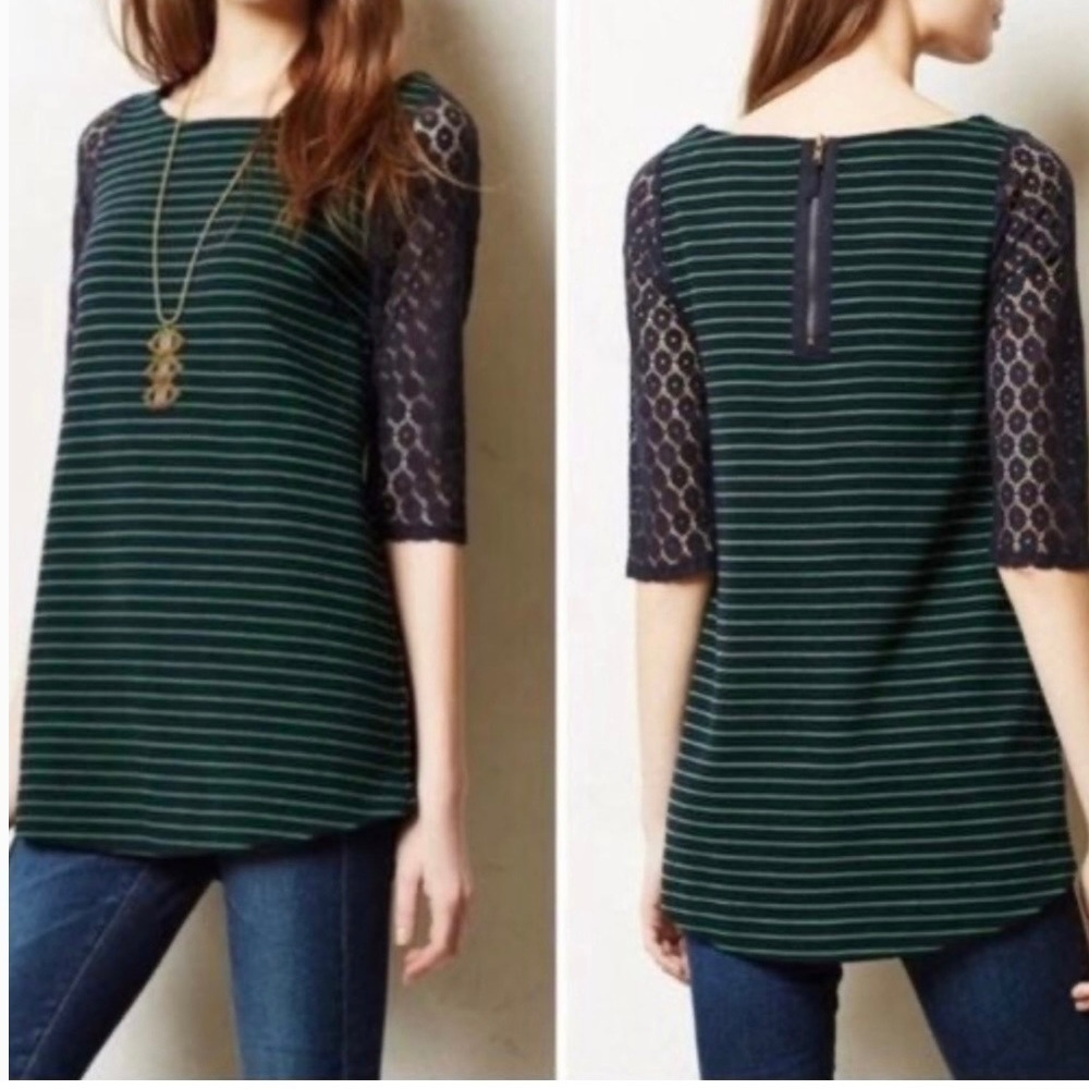POSTMARK ANTHROPOLOGIE Women's Green Blue Stripe FOREST STRIPE Lace Slv Top XS